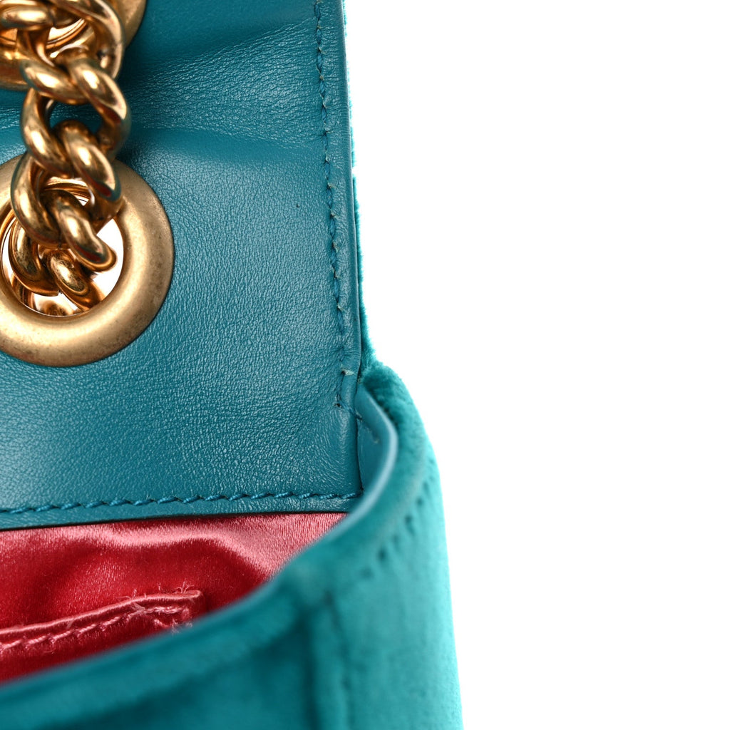 Gucci Velvet Matelasse Mini GG Marmont Shoulder Bag Pavone Cyan