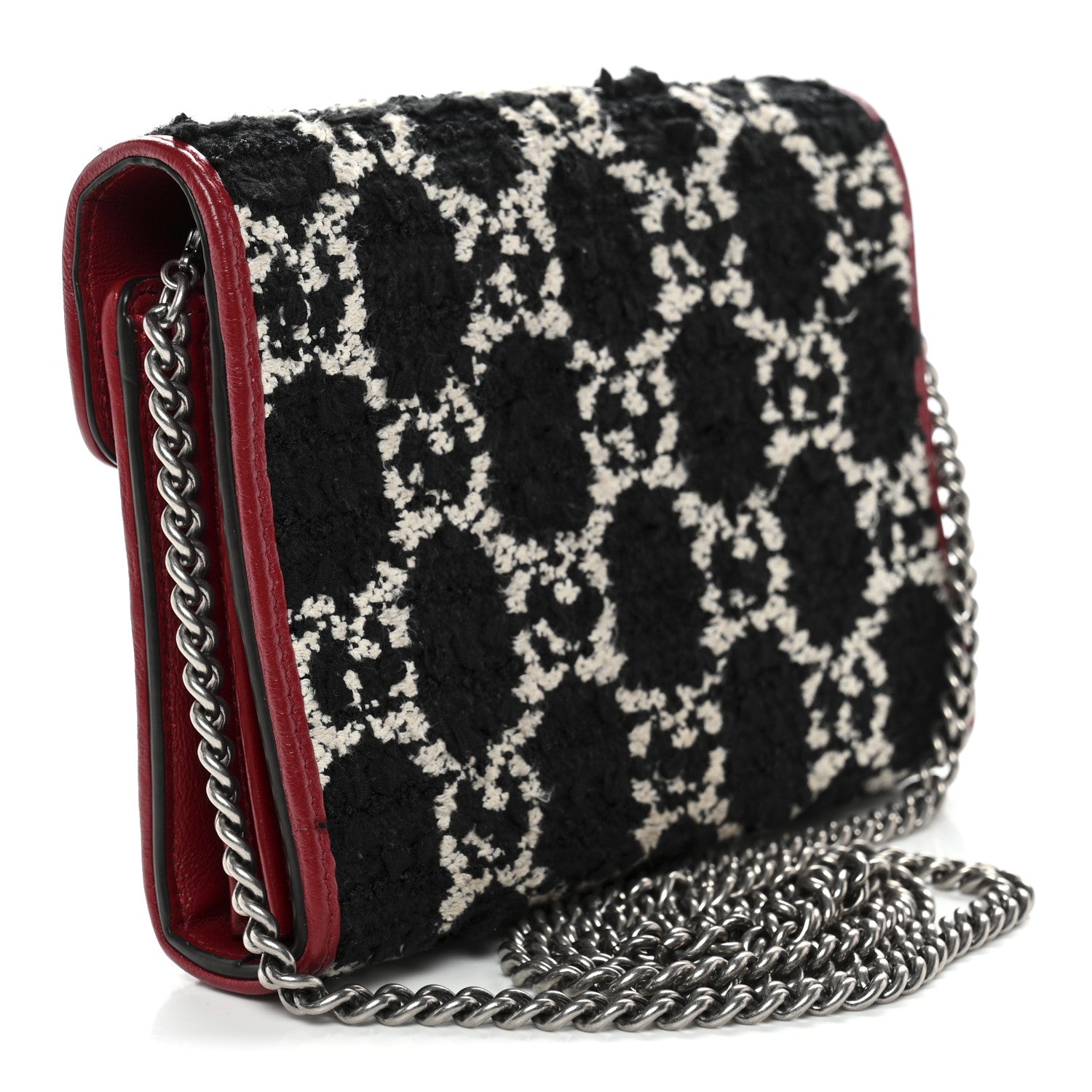 Gucci Tweed GG Monogram Mini Dionysus Chain Wallet Black White Romantic Cherry