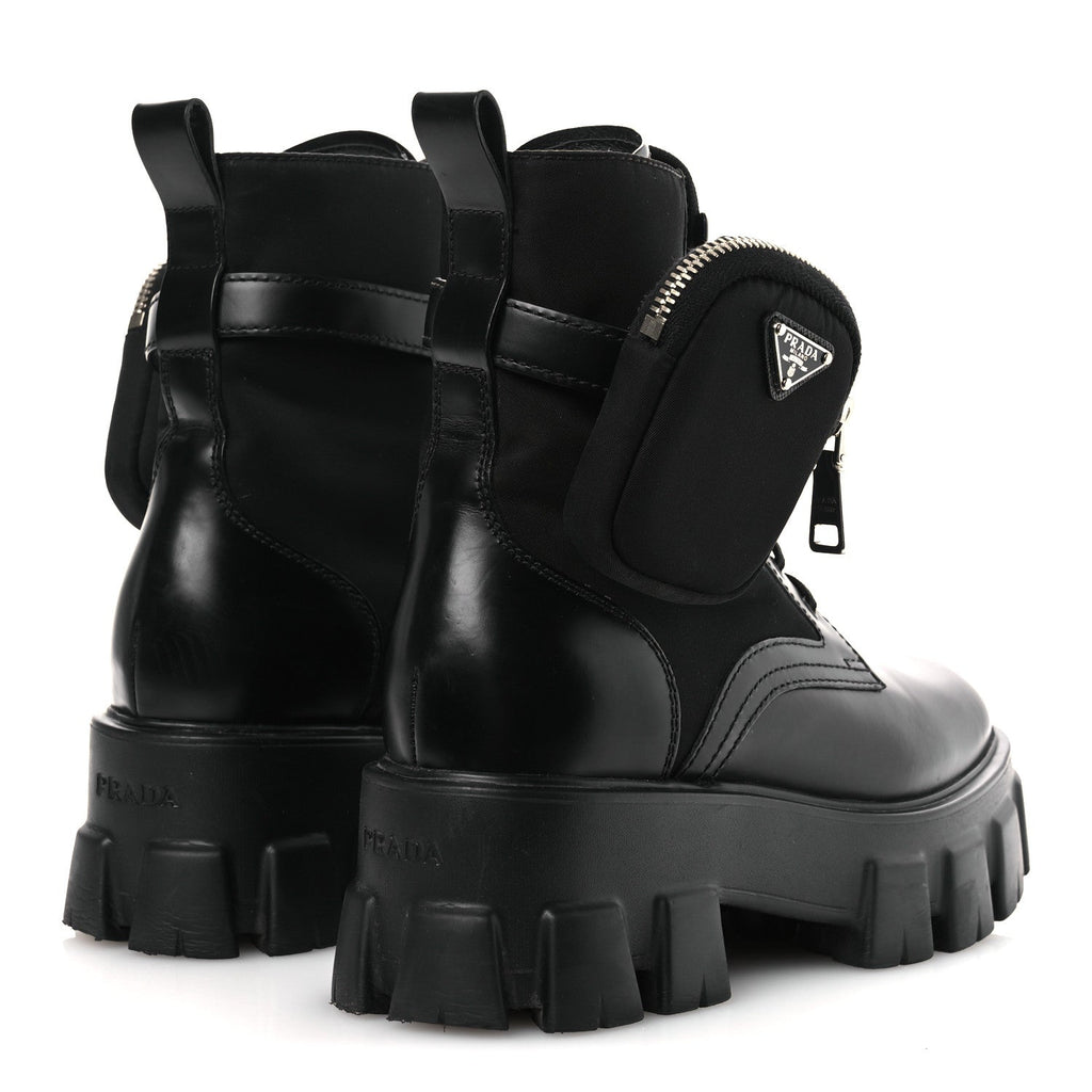 Prada Spazzolato Rois Nylon Metal Triangle Logo Monolith Pouch Pocket 55mm Boots 37 Black