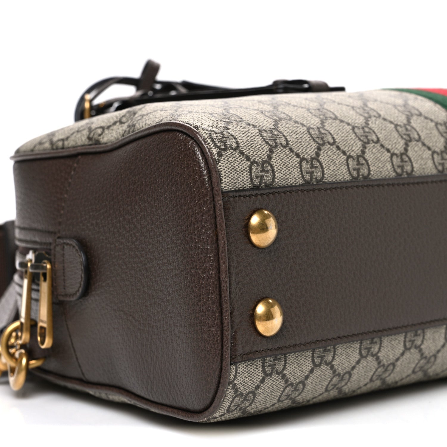 Gucci GG Supreme Monogram Textured Dollar Calfskin Web Medium Savoy Bowling Bag Beige Ebony New Acero