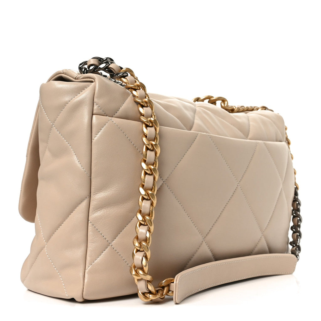 Chanel Lambskin Quilted Maxi Chanel 19 Flap Beige