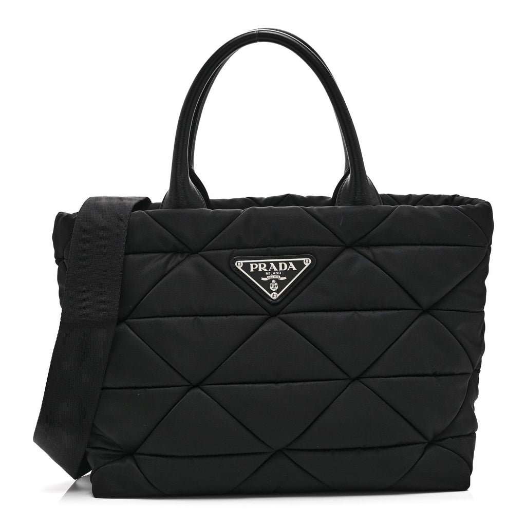 Prada Re-Nylon Nappa Triangle Quilted Padded Small Double Handled Zip Tote Black
