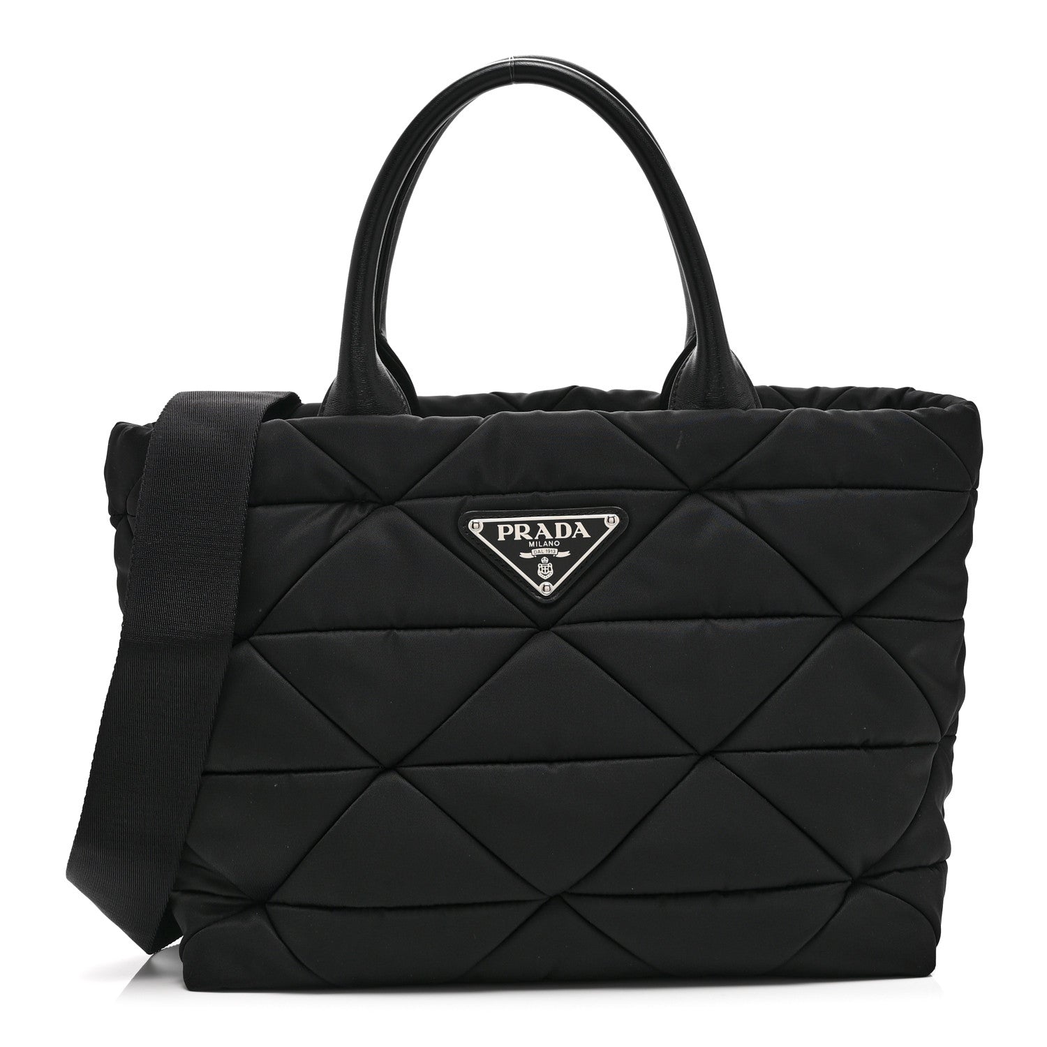Prada Re-Nylon Nappa Triangle Quilted Padded Small Double Handled Zip Tote Black