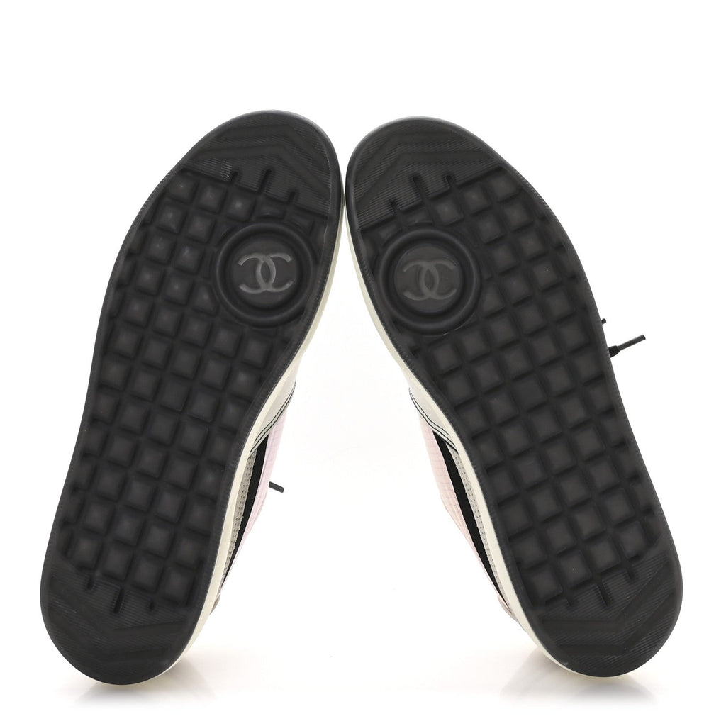 Chanel Suede Fabric Calfskin Womens CC Sneakers 40.5 Pink Grey White