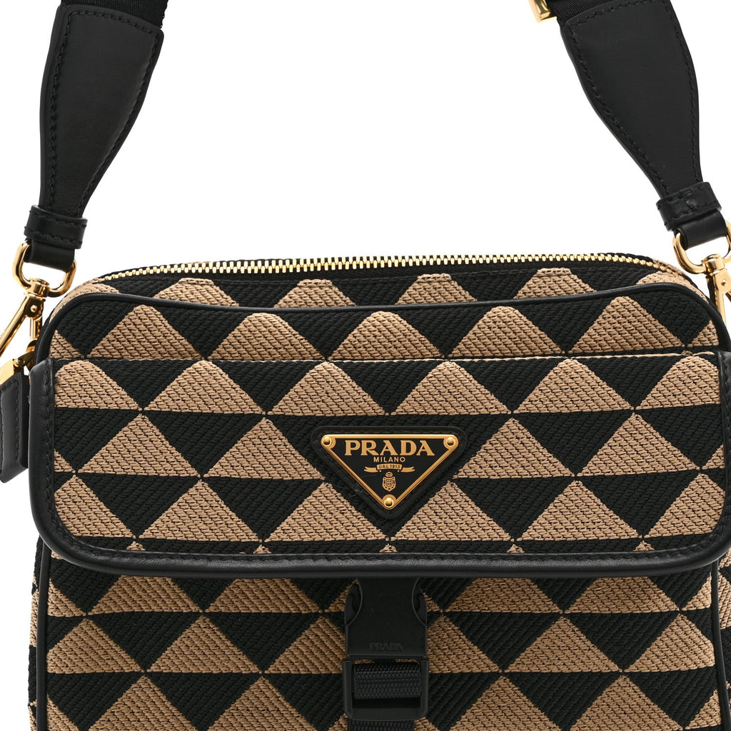 Prada Jacquard Saffiano Triangolo Symbole Embroidered Pocket Single Snap Buckle Messenger Flap Bag  Black Corda