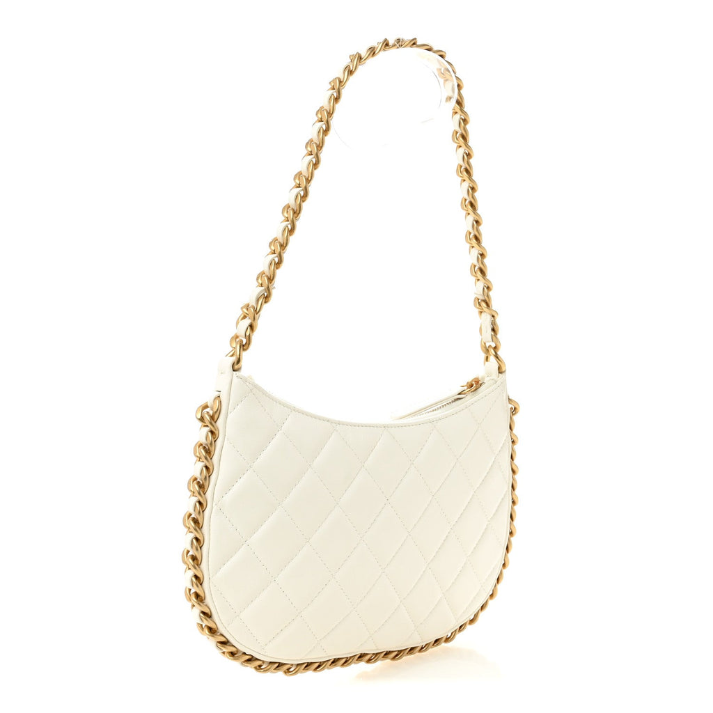 Chanel Shiny Crumpled Lambskin Quilted Trendy Chain Around Hobo White
