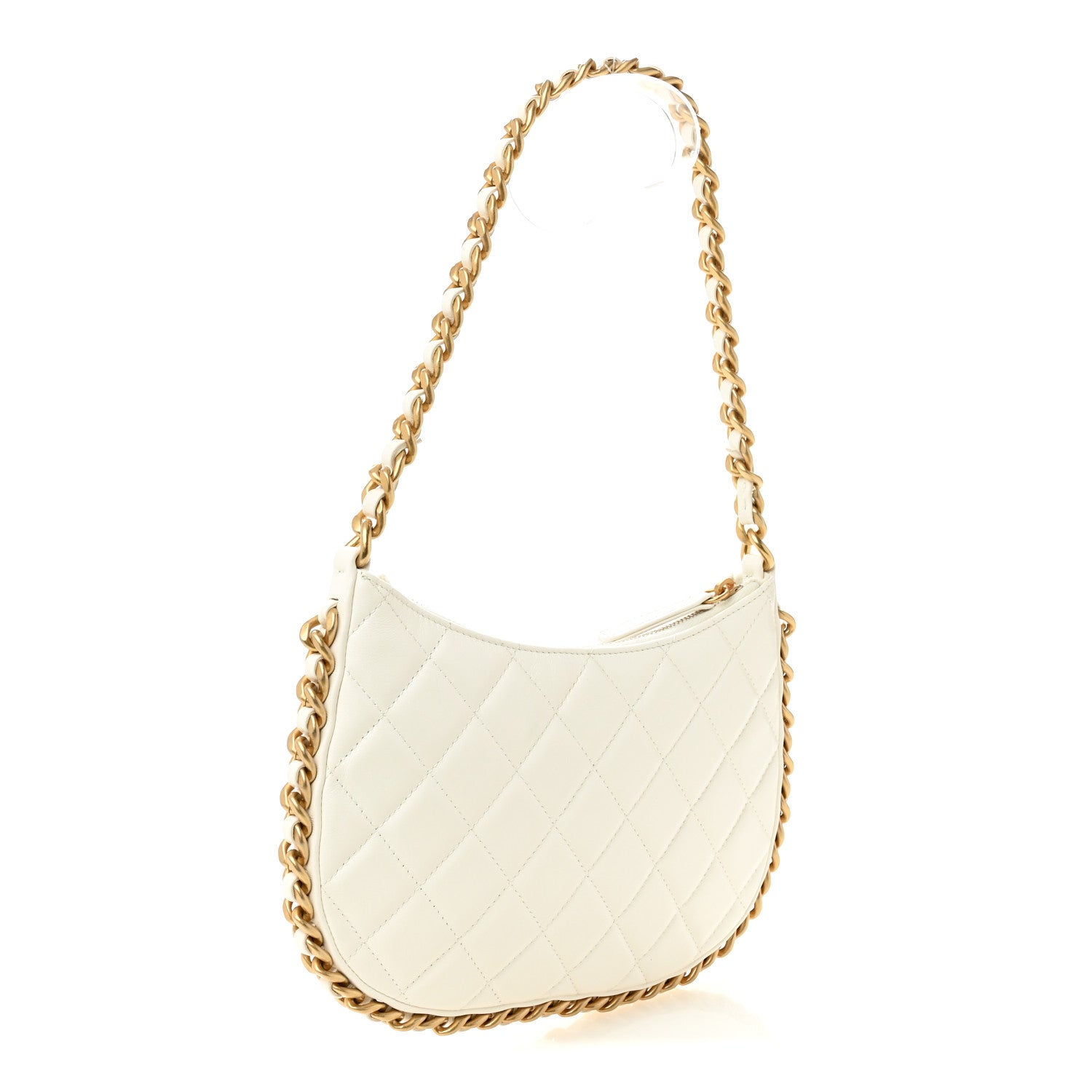Chanel Shiny Crumpled Lambskin Quilted Trendy Chain Around Hobo White