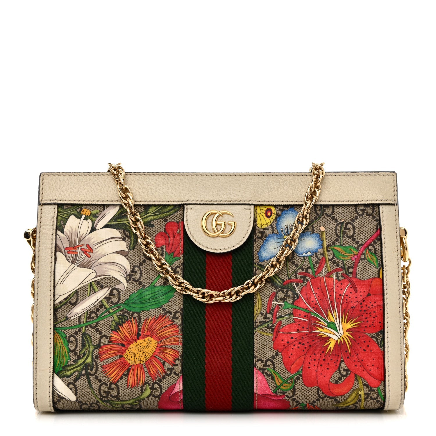 Gucci GG Supreme Monogram Flora Web Small Ophidia Chain Shoulder Bag White