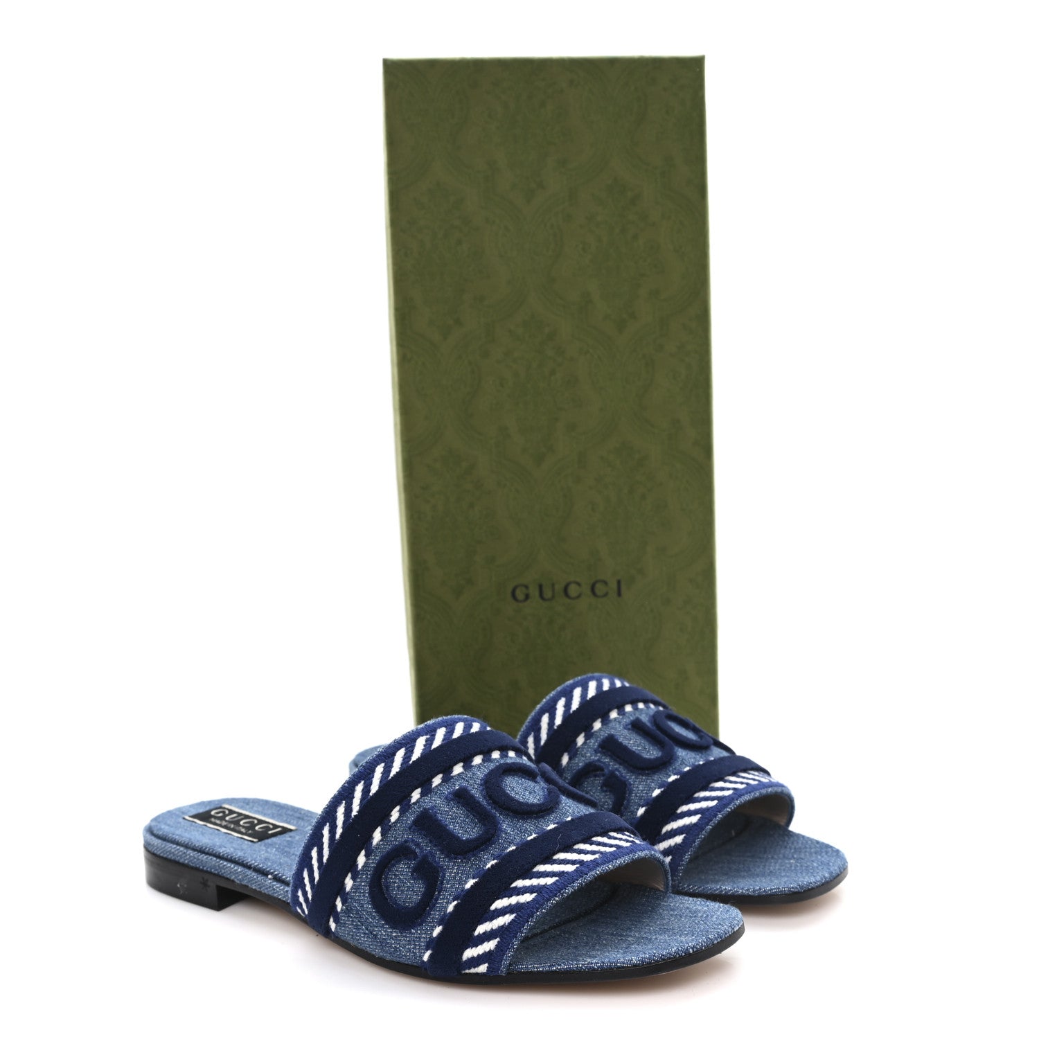 Gucci Plain Spain Denim Logo Slide Sandals 37.5 Light Blue