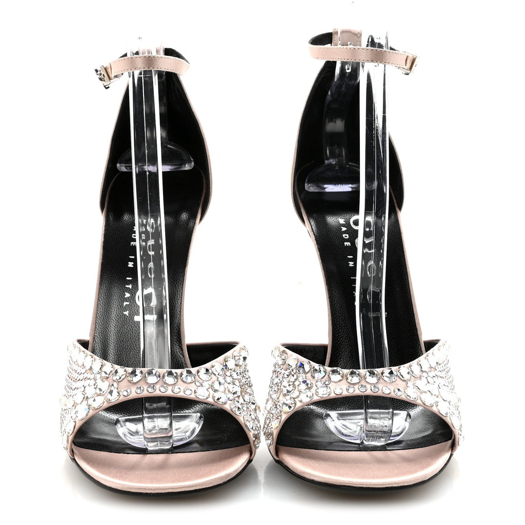 Gucci Satin Crystal Ankle Strap Sandal Pumps 38.5 Skin Rose