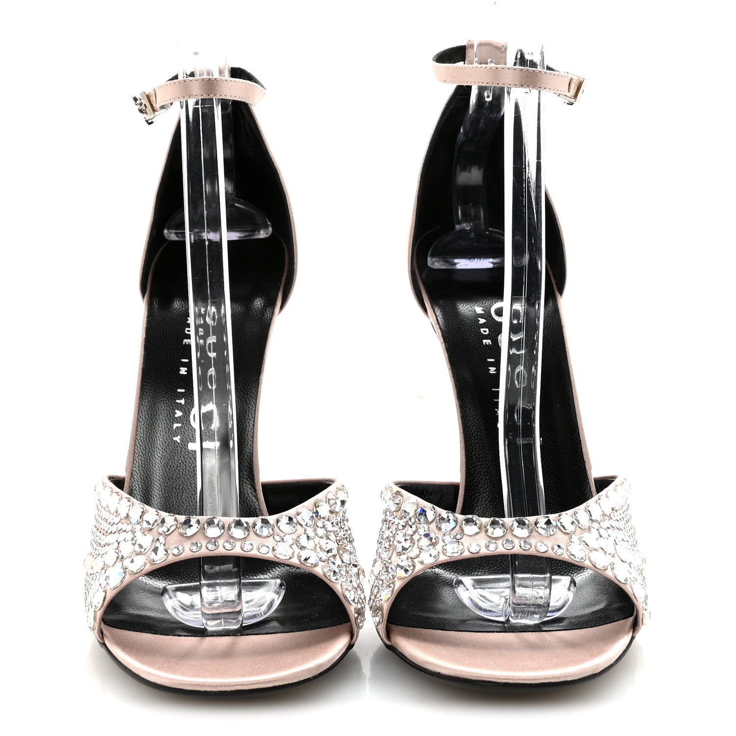 Gucci Satin Crystal Ankle Strap Sandal Pumps 38.5 Skin Rose