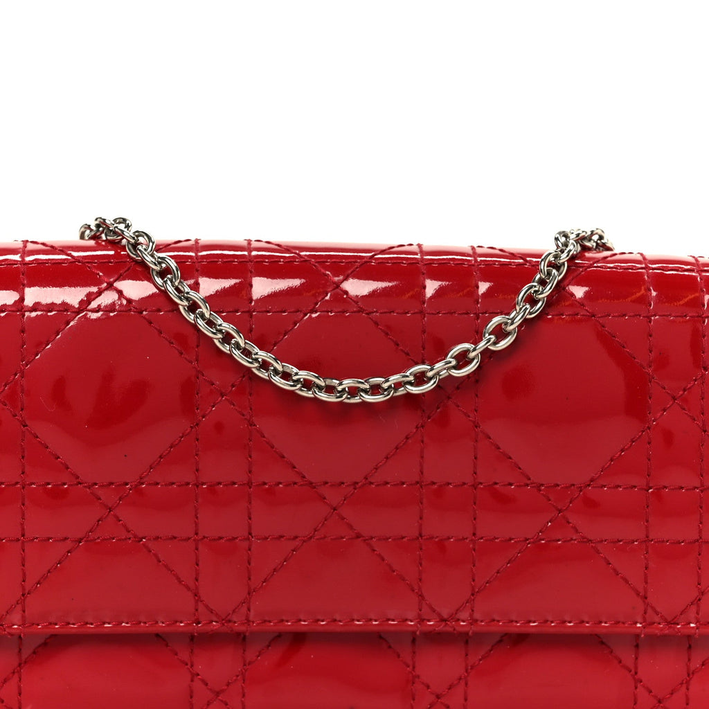 Christian Dior Patent Cannage Lady Dior Rendezvous Wallet On Chain Red