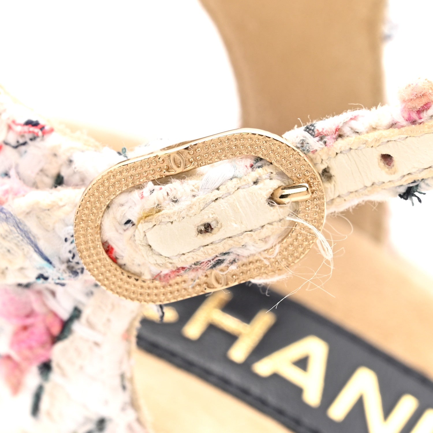 Chanel Tweed Cork CC Wedge Sandals 37 Ecru Pink Blue Green