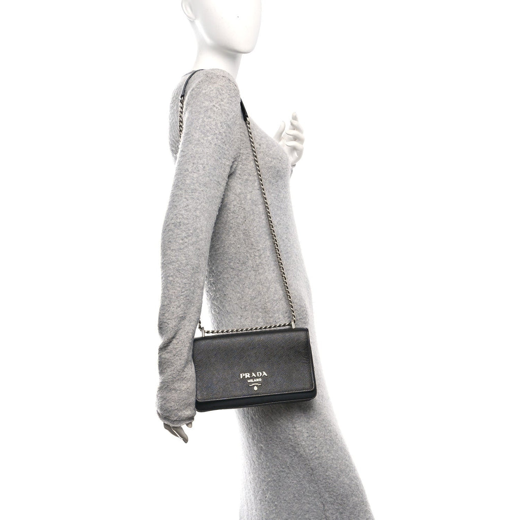 Prada Saffiano Tessuto Nylon Chain Shoulder Bag Black