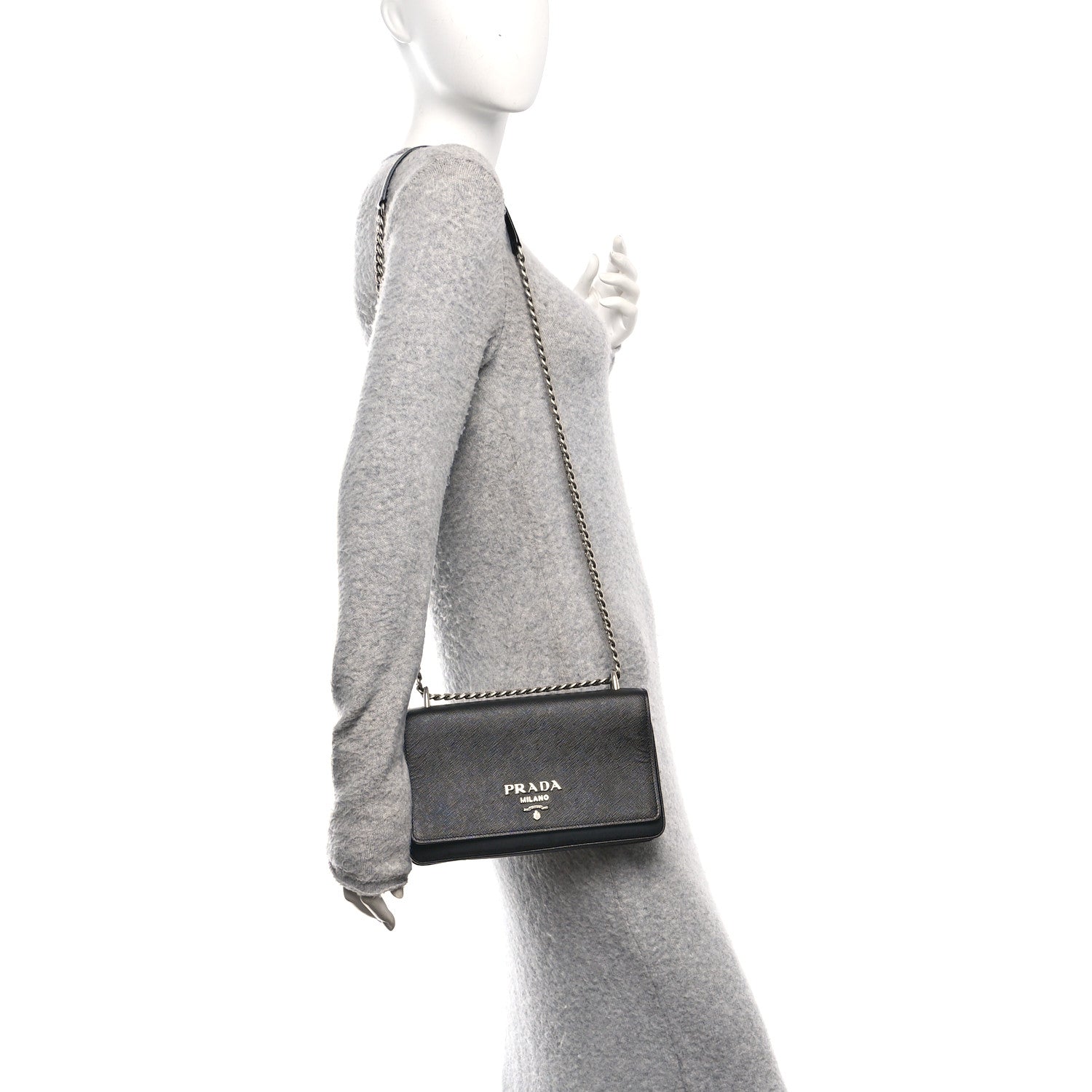 Prada Saffiano Tessuto Nylon Chain Shoulder Bag Black