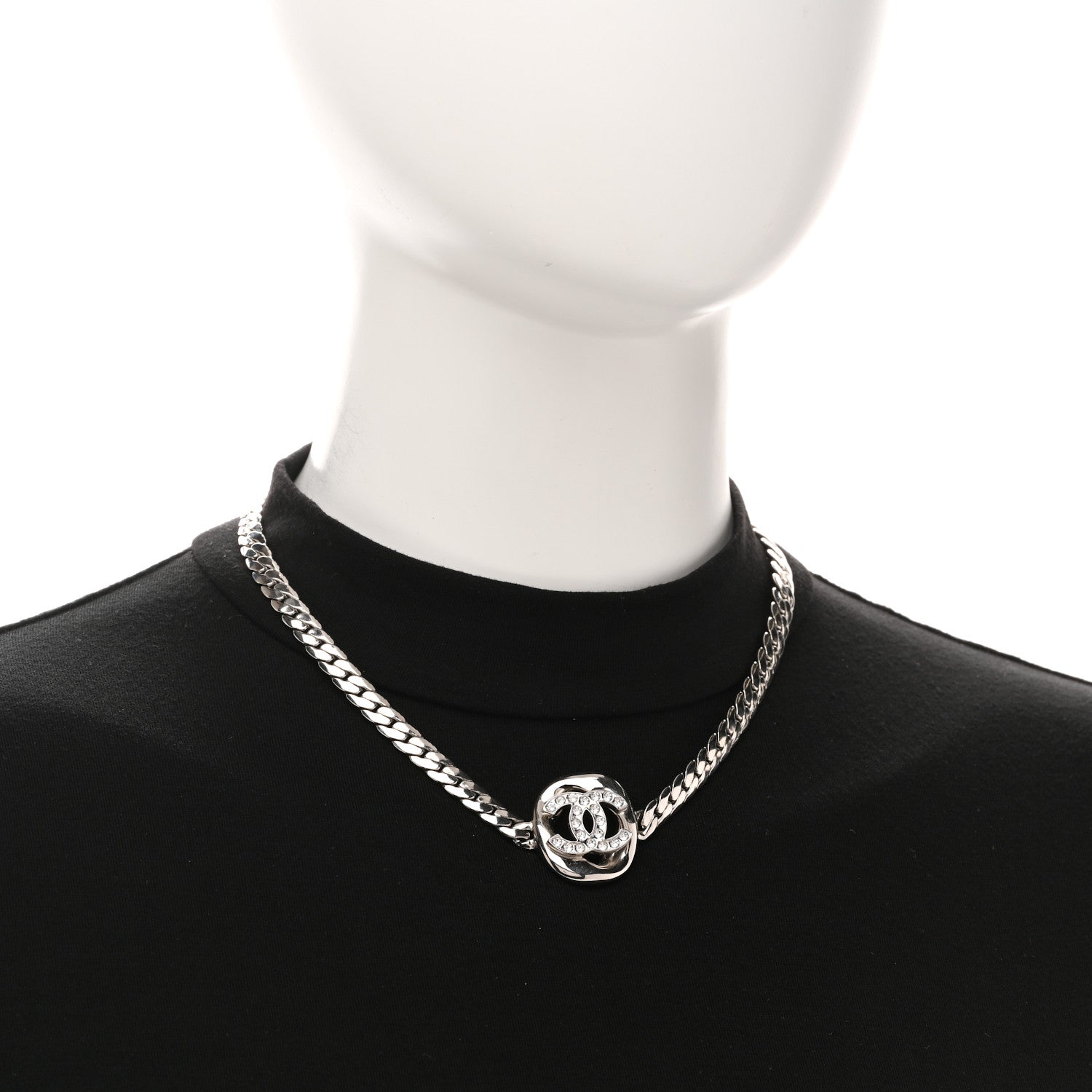 Metal Crystal CC Choker Necklace Silver