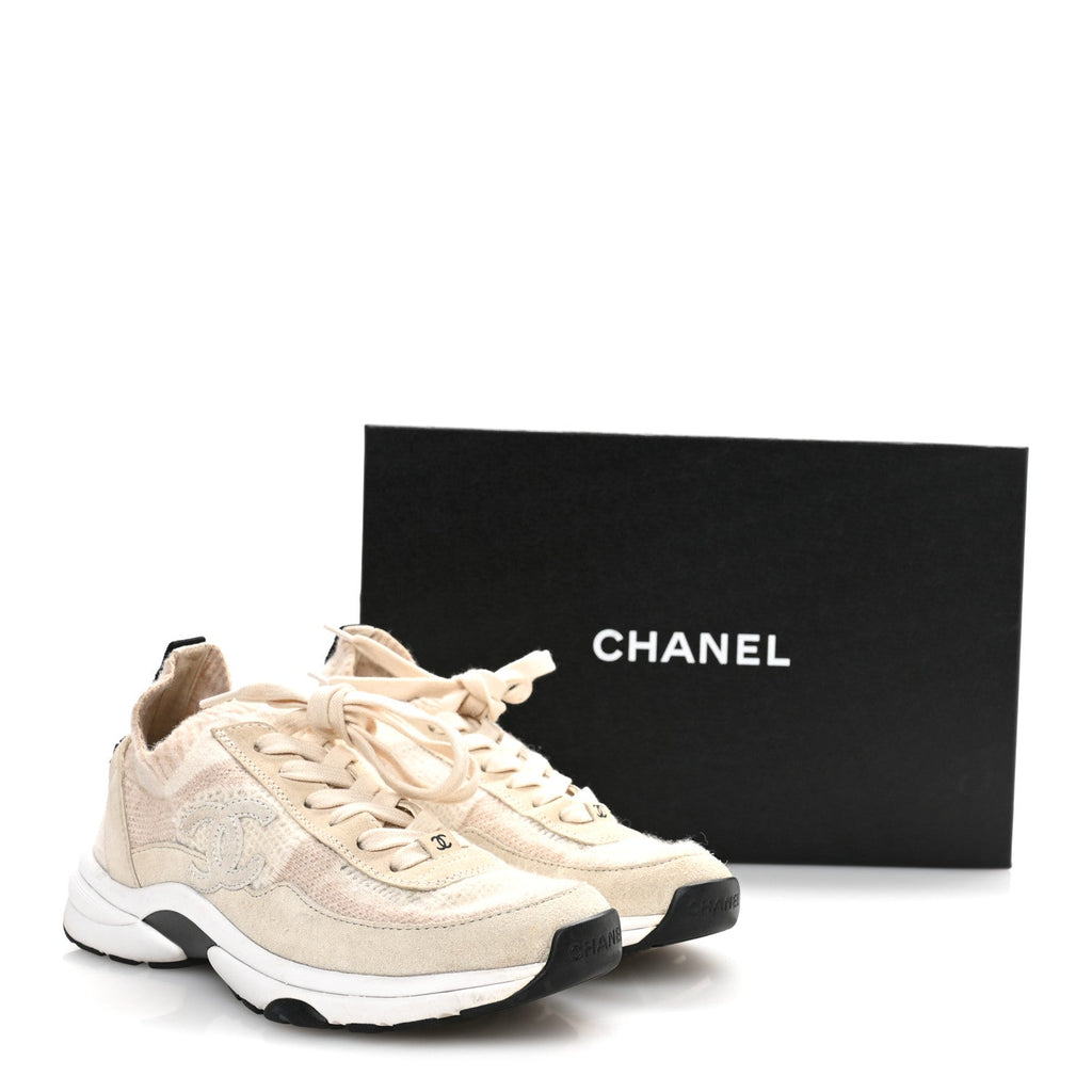 Knit Fabric Suede Calfskin Womens CC Sneakers 36 Ivory