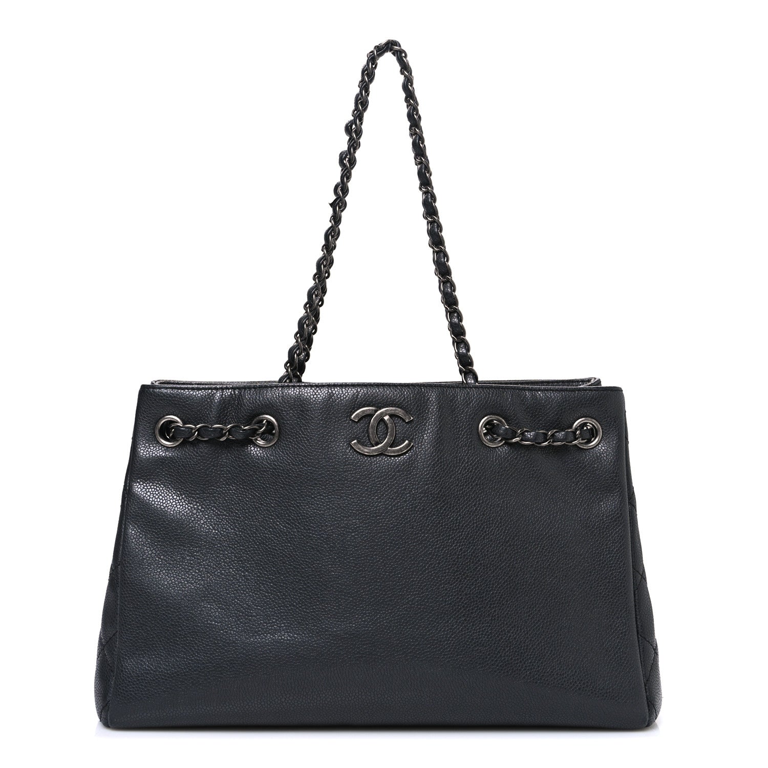 Chanel Metallic Grained Calfskin Medium Woven Chain Shopping Bag Black