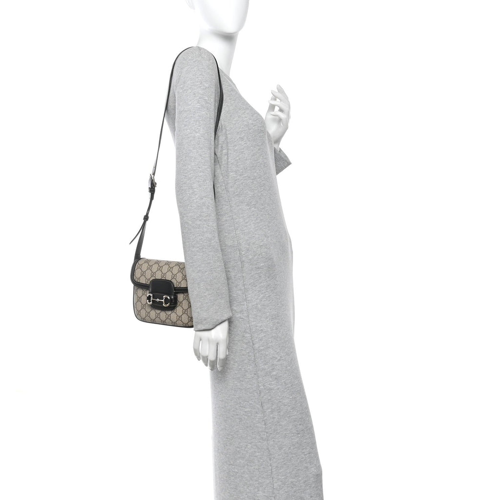 Gucci GG Supreme Monogram Horsebit 1955 Soft Small Shoulder Bag Beige Black