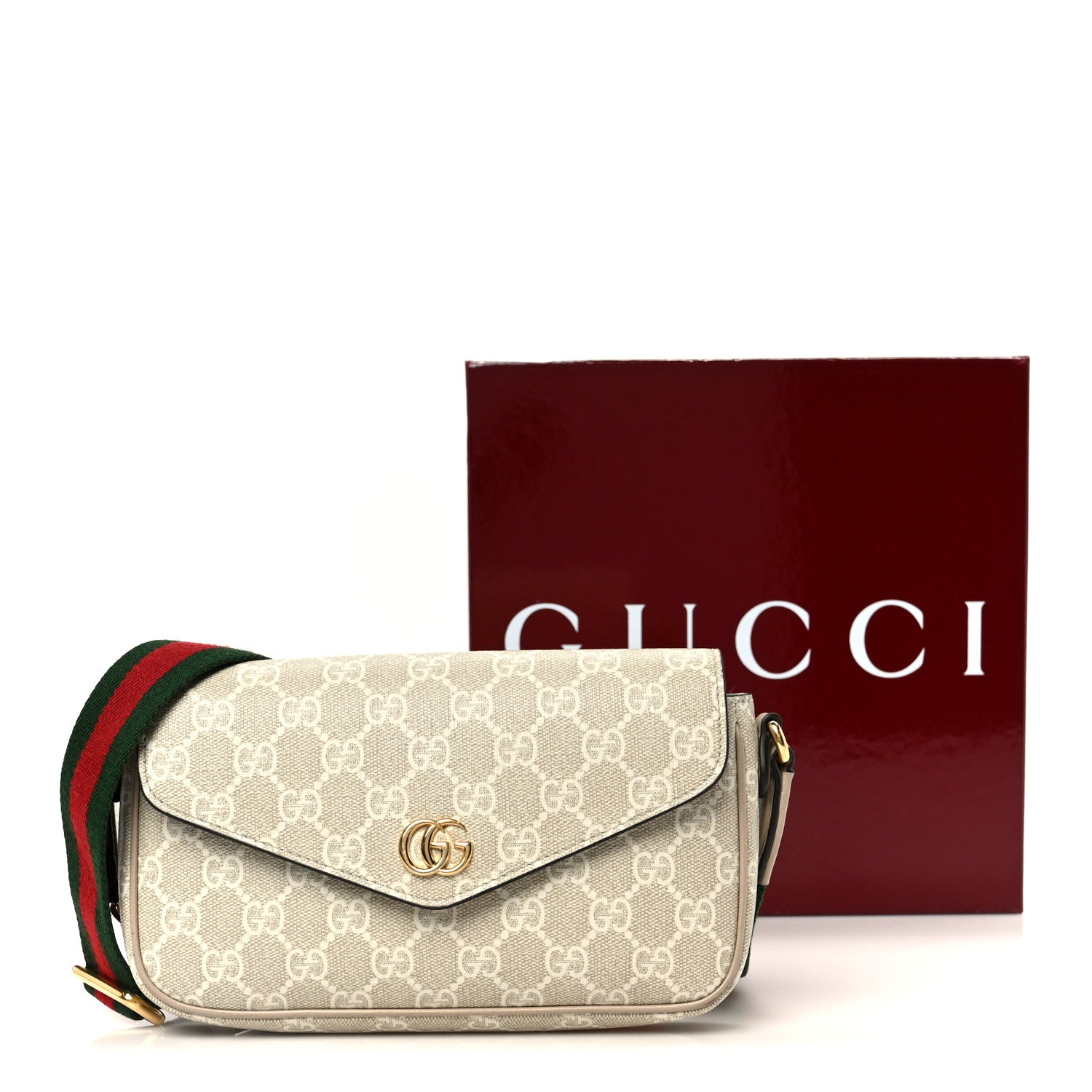 Gucci GG Supreme Monogram Textured Dollar Calfskin Web Mini Ophidia Envelope Shoulder Bag Beige Mystic White Oatmeal