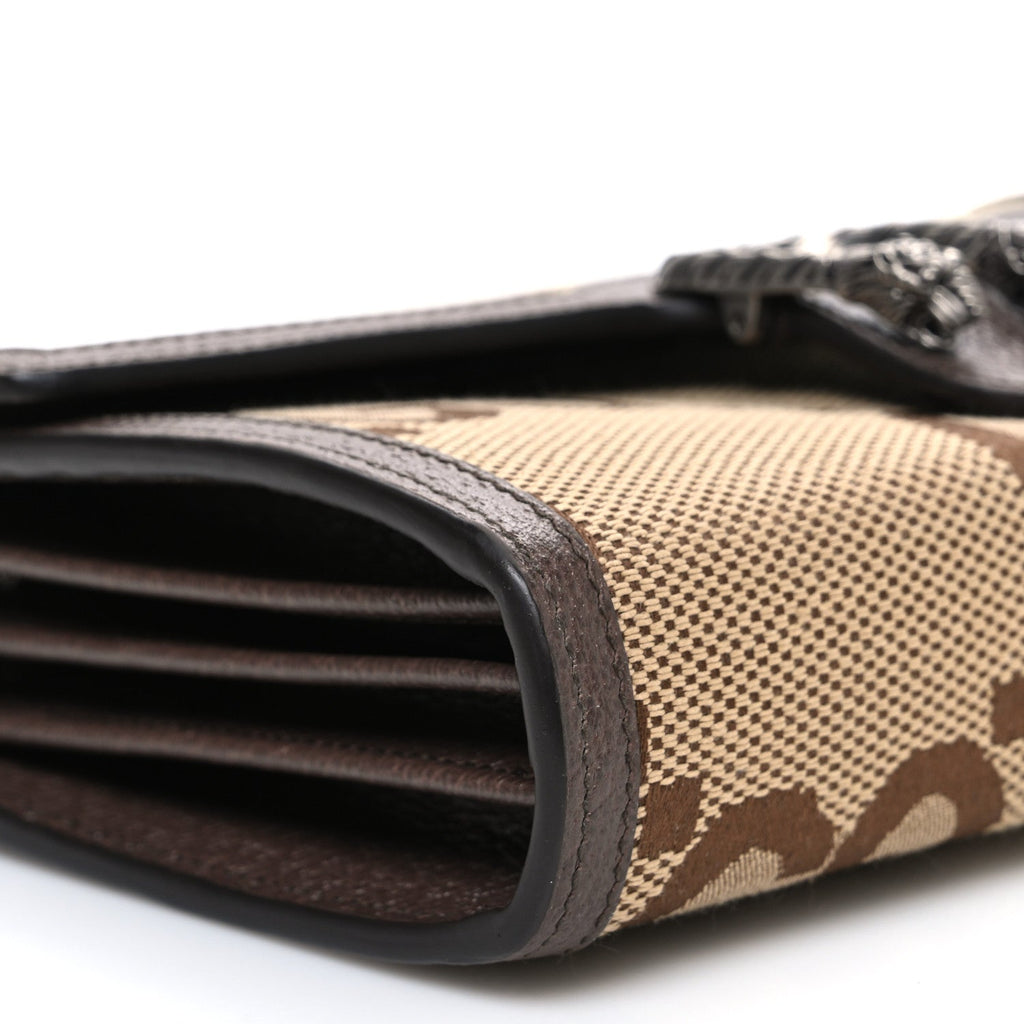 Gucci Monogram Jumbo GG Textured Dollar Calfskin Mini Dionysus Chain Wallet Camel Ebony New Acero