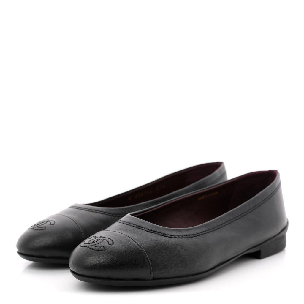 Lambskin Cap Toe CC Uniform Ballerina Flats 37.5 Black