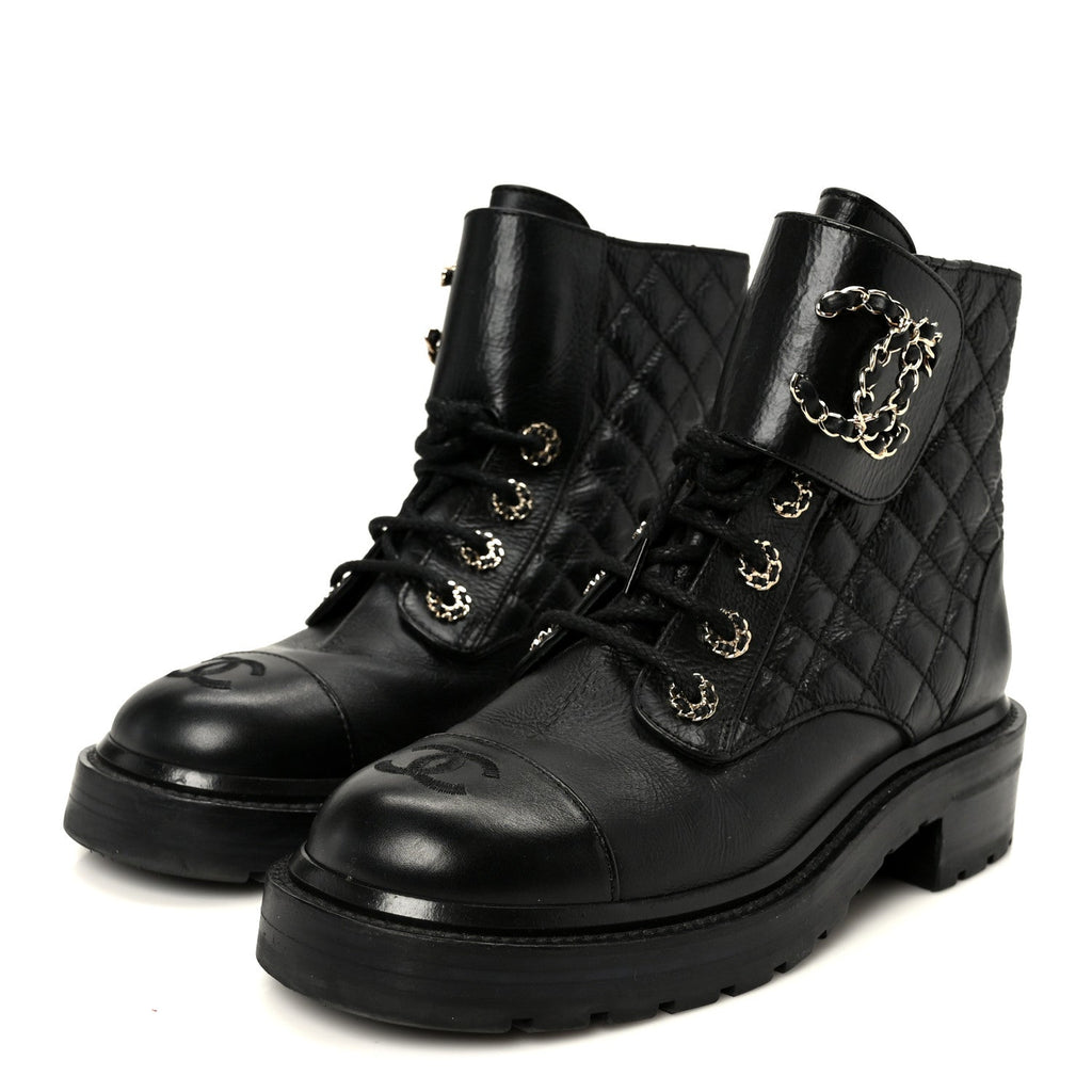 Chanel Shiny Goatskin Calfskin Quilted Lace Up Combat Boots 37.5 Black