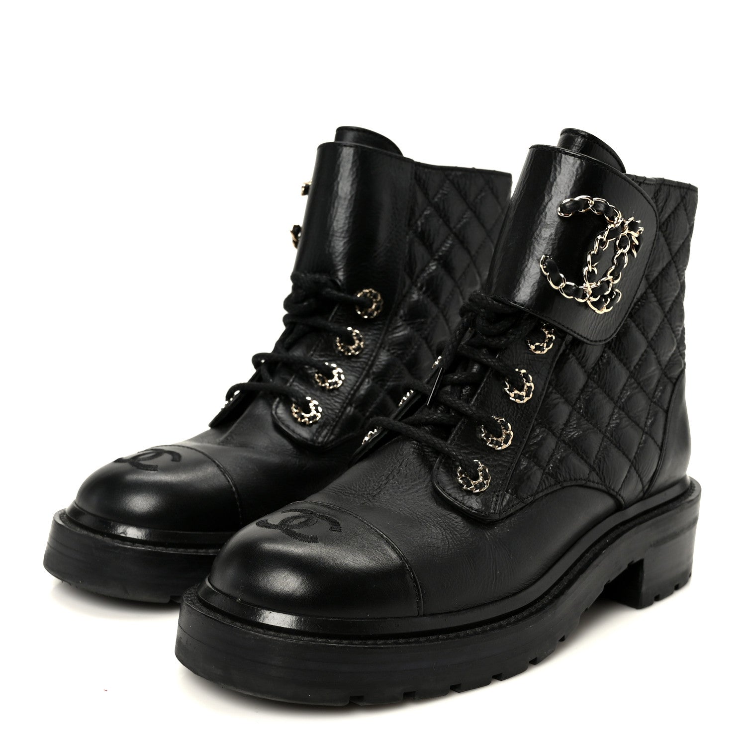 Chanel Shiny Goatskin Calfskin Quilted Lace Up Combat Boots 37.5 Black