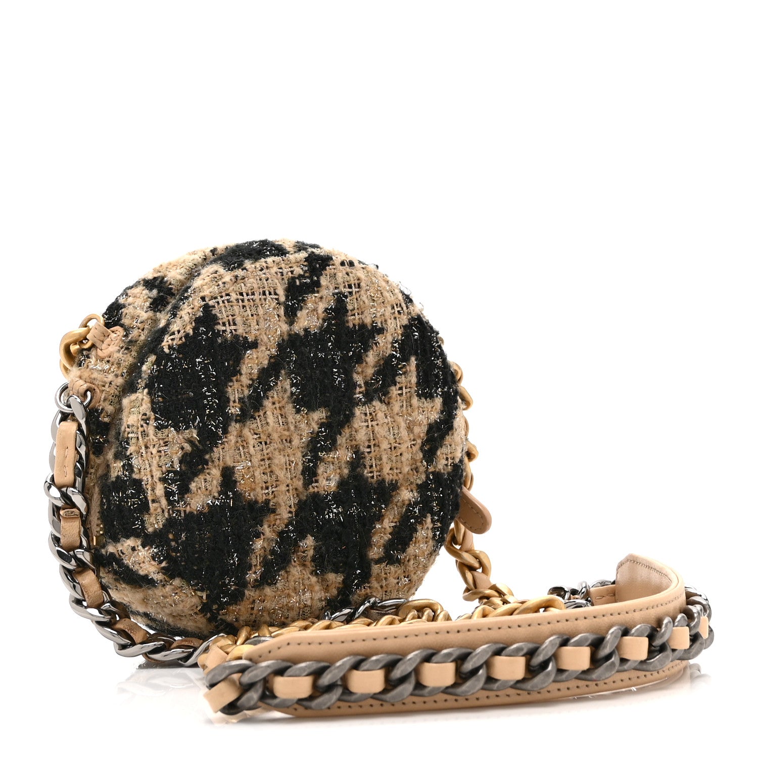 Chanel Wool Tweed Lambskin Quilted Chanel 19 Round Clutch With Chain and Coin Purse Beige Black