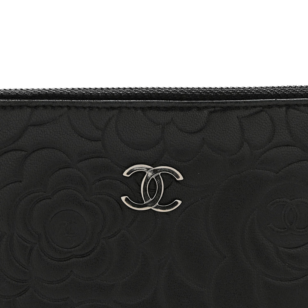 Lambskin Camellia Embossed Zip Around Organizer Wallet Black