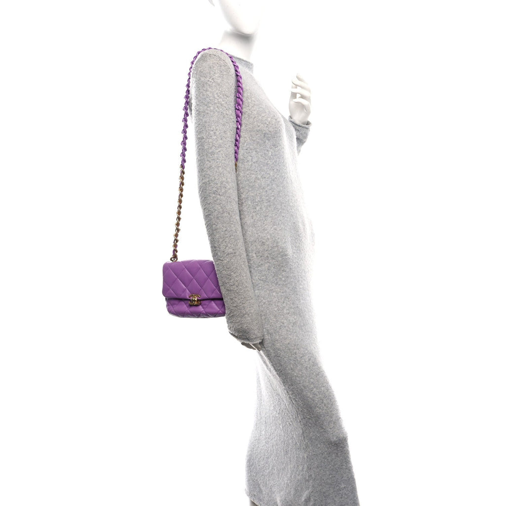 Chanel Lambskin Quilted Mini Lacquered Chain Flap Purple