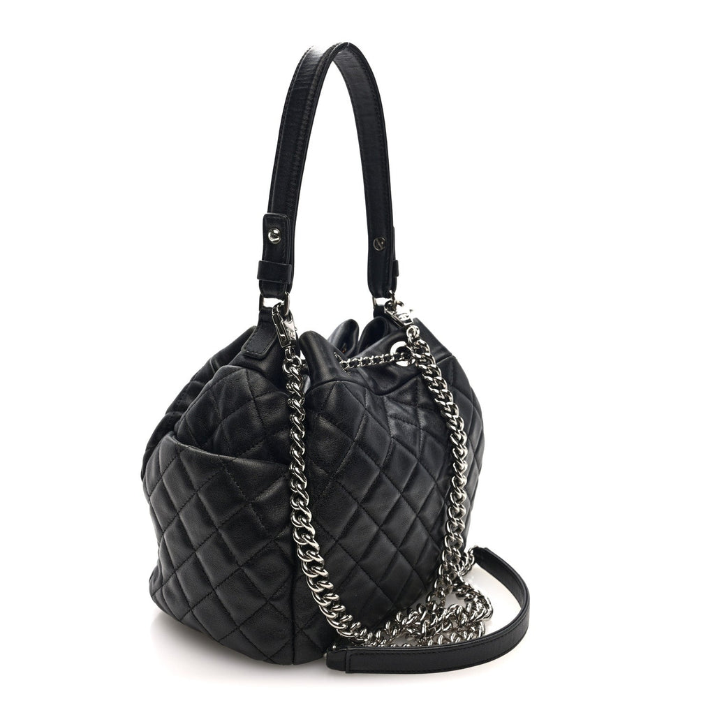 Chanel Lambskin Quilted CC Chain Drawstring Tote Black