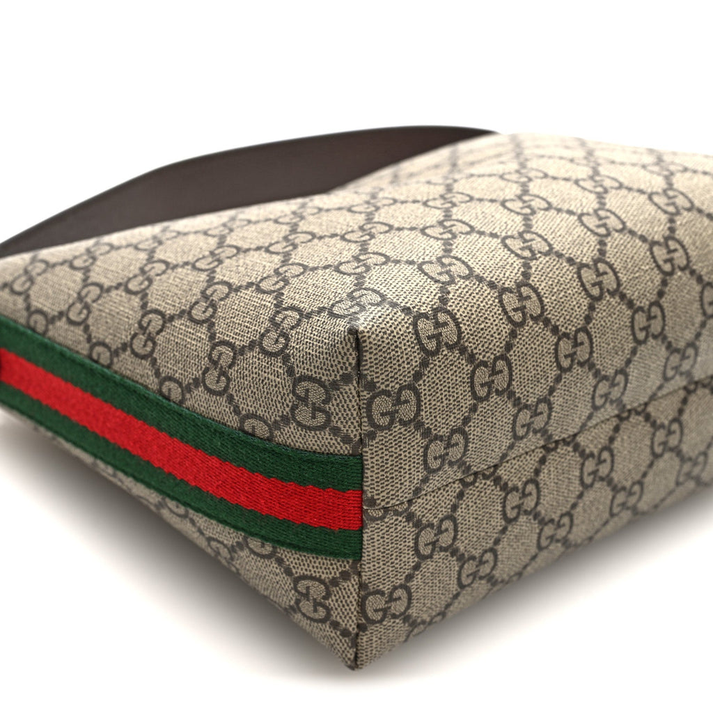 Gucci GG Supreme Monogram Textured Calfskin Web Super Mini Ophidia Shoulder Bag Beige Ebony New Acero