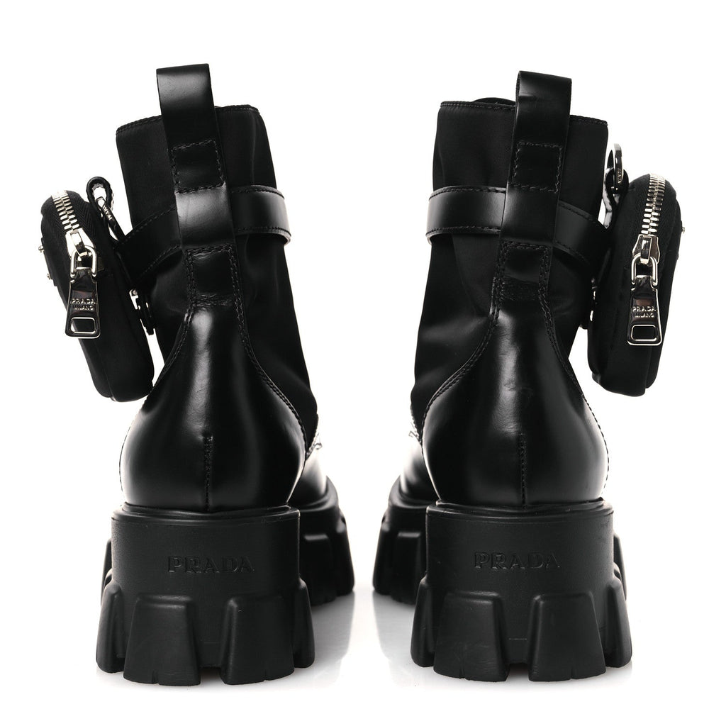 Prada Spazzolato Rois Nylon Metal Triangle Logo Monolith Pouch Pocket 55mm Boots 38 Black