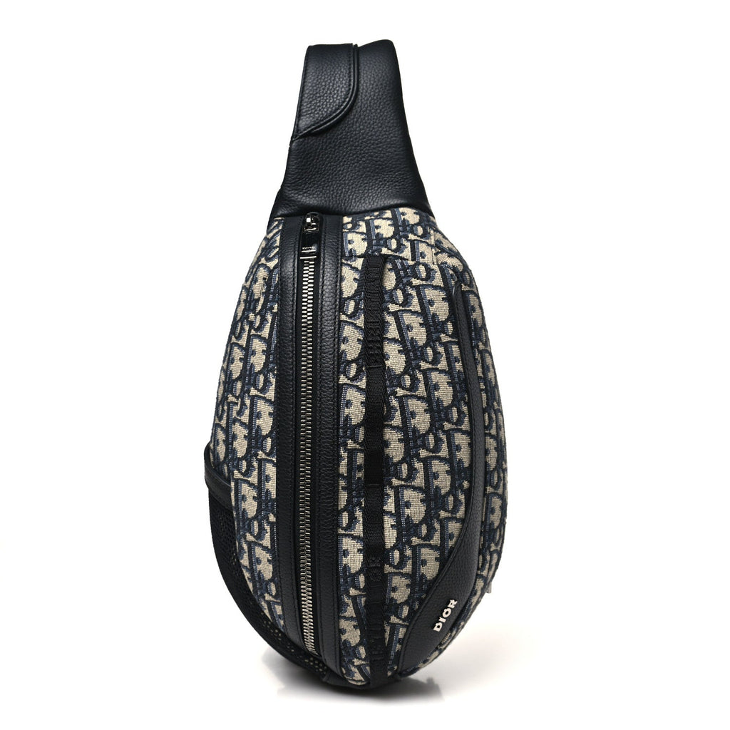 Christian Dior Grained Calfskin Oblique Scarab Sling Bag Blue Black