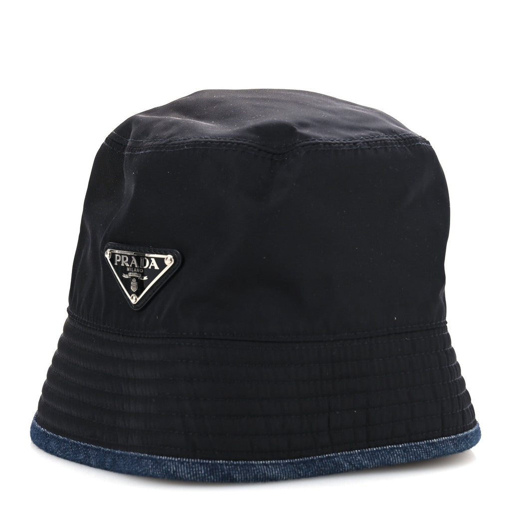 Prada Nylon Denim Metal Triangle Logo Bucket Hat S Black