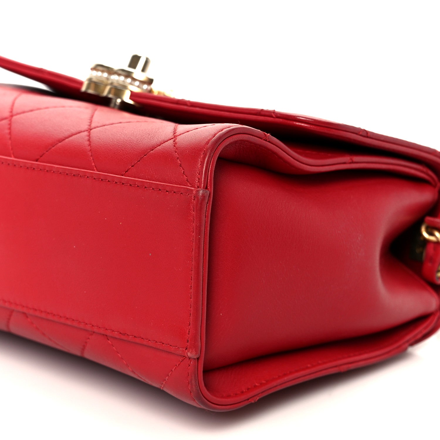 Chanel Lambskin Stitched Pearl Logo Top Handle Flap Red