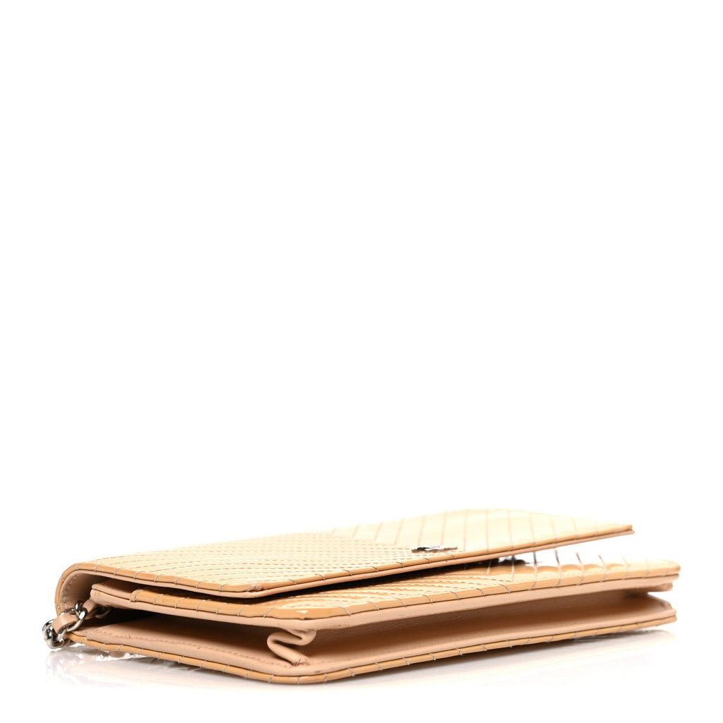 Chanel Patent Calfskin Chevron Quilted Wallet On Chain WOC Beige