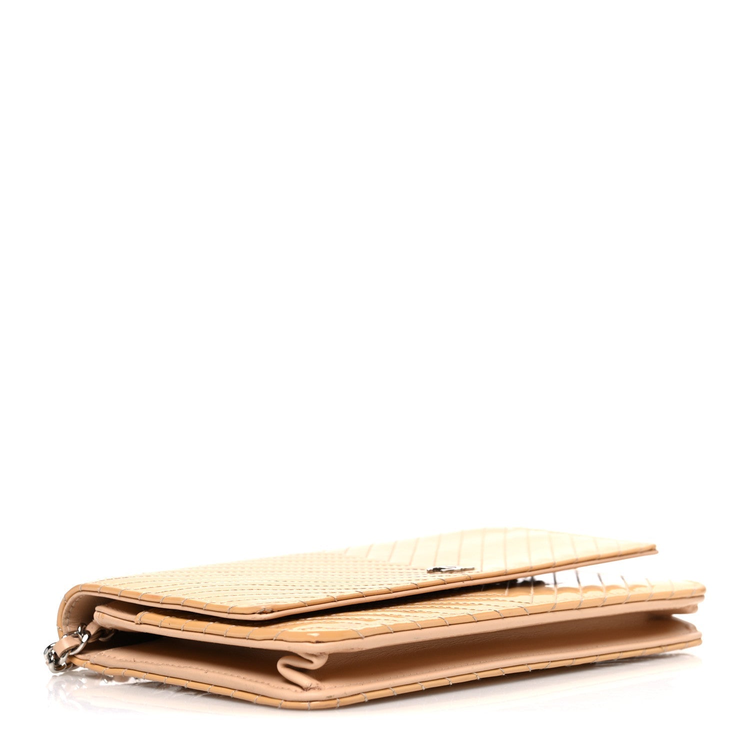 Chanel Patent Calfskin Chevron Quilted Wallet On Chain WOC Beige