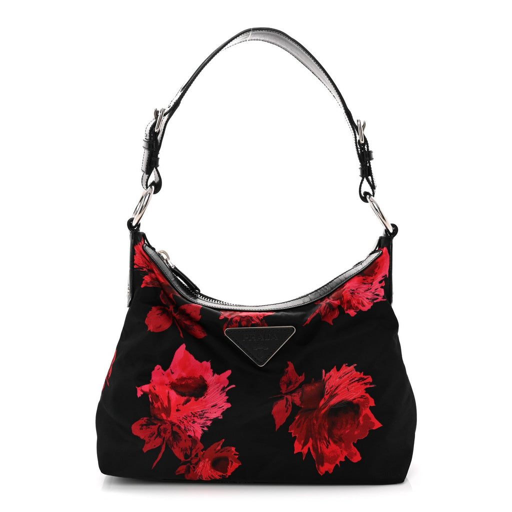 Prada Tessuto Nylon Rose Shoulder Bag Black Rosso