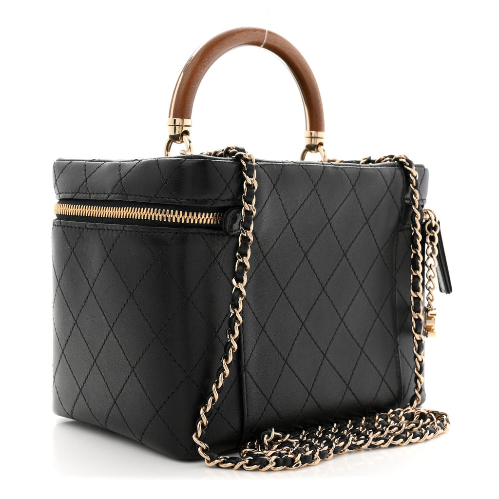 Chanel Lambskin Flat Quilted Knock On Wood Large Vanity Case Black