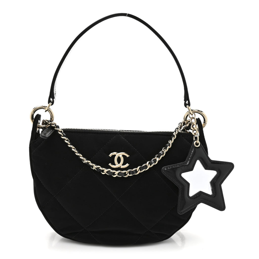 Chanel Velvet Effect Nylon Shiny Crumpled Calfskin Coco Neige Quilted Clutch With Chain Black