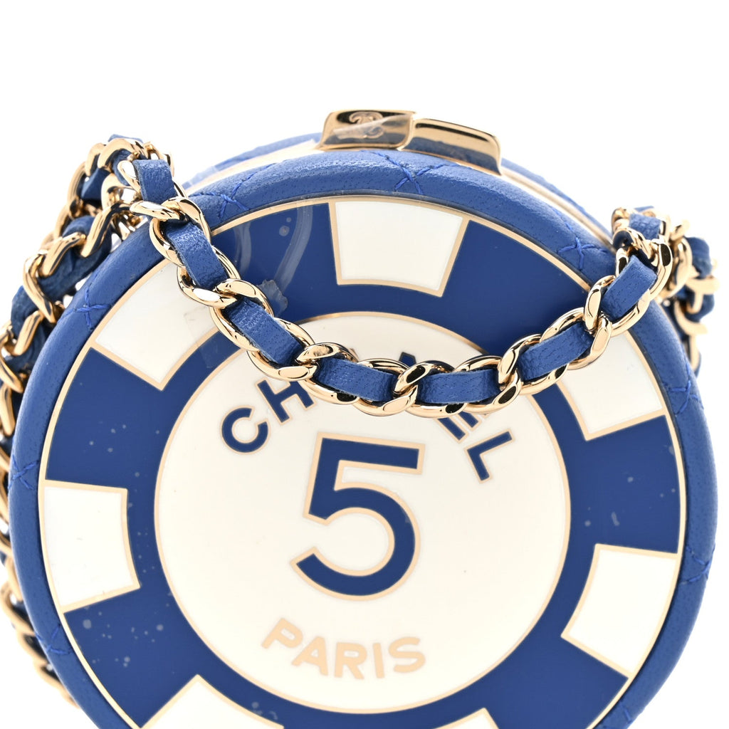 Chanel Lambskin Enamel Quilted Round Poker Chip Clutch With Chain Blue White