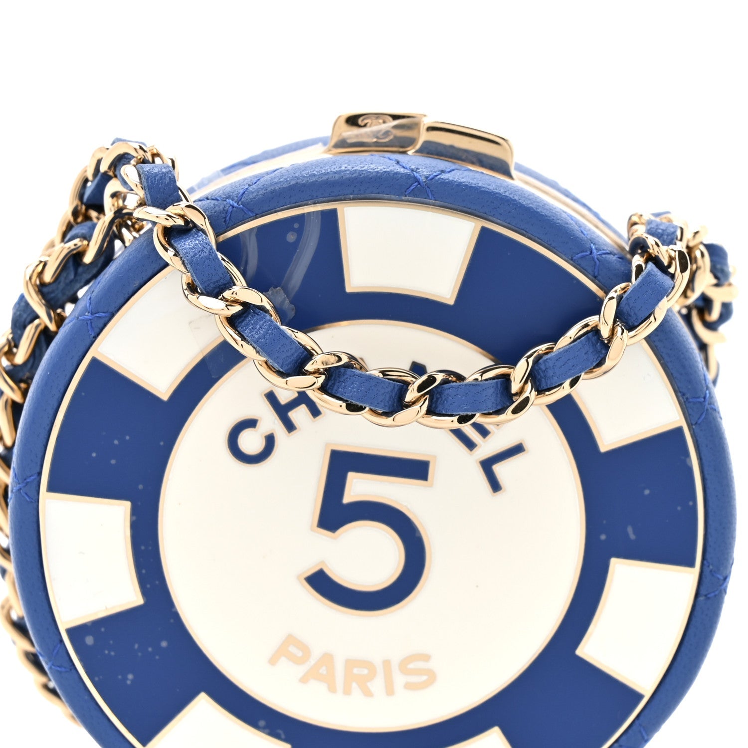 Chanel Lambskin Enamel Quilted Round Poker Chip Clutch With Chain Blue White
