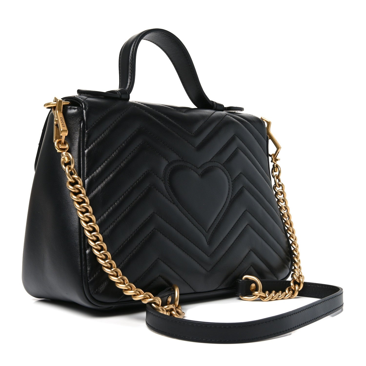 Gucci Calfskin Matelasse Small GG Marmont Top Handle Shoulder Bag Black
