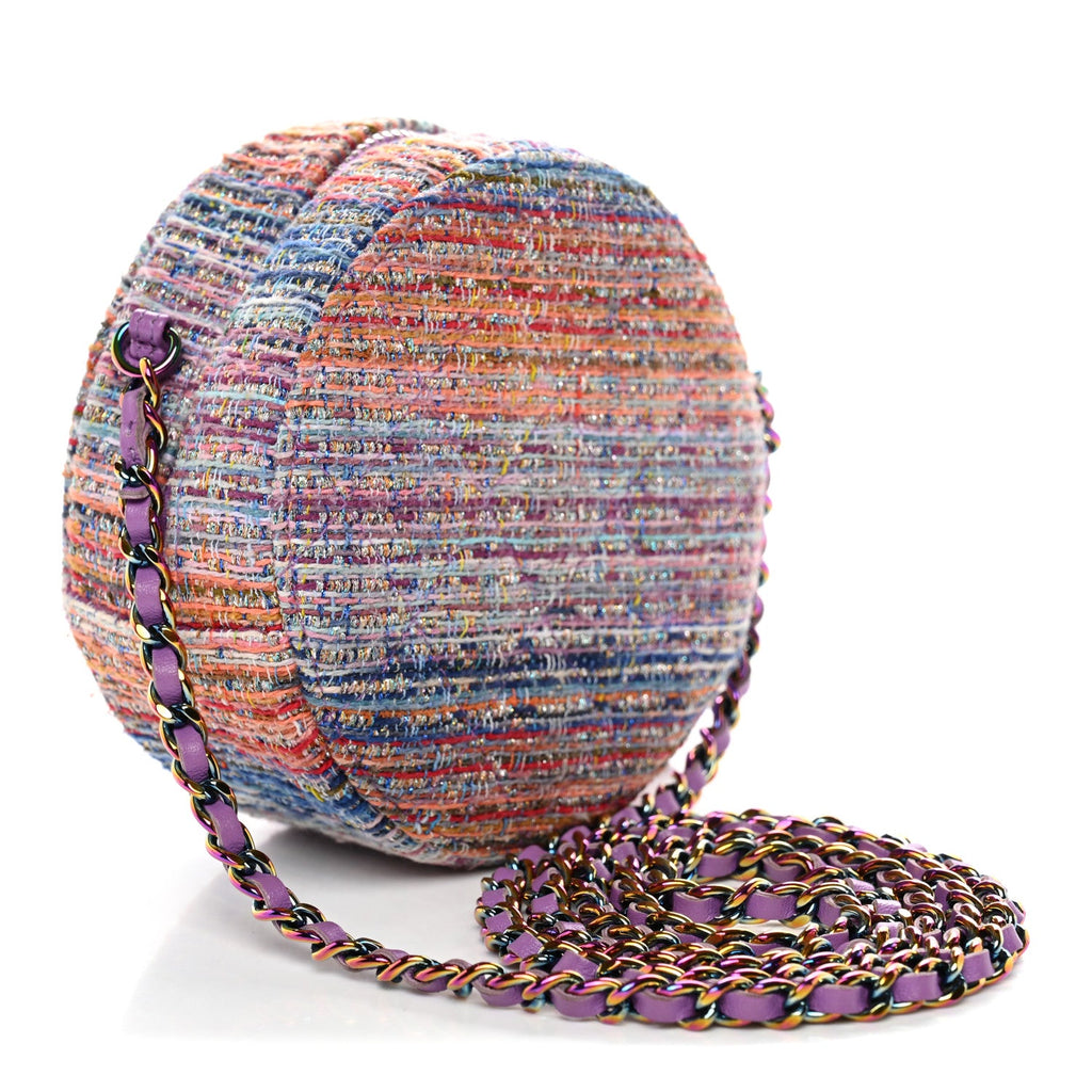 Chanel Tweed Quilted Round Clutch With Chain Blue Pink Orange