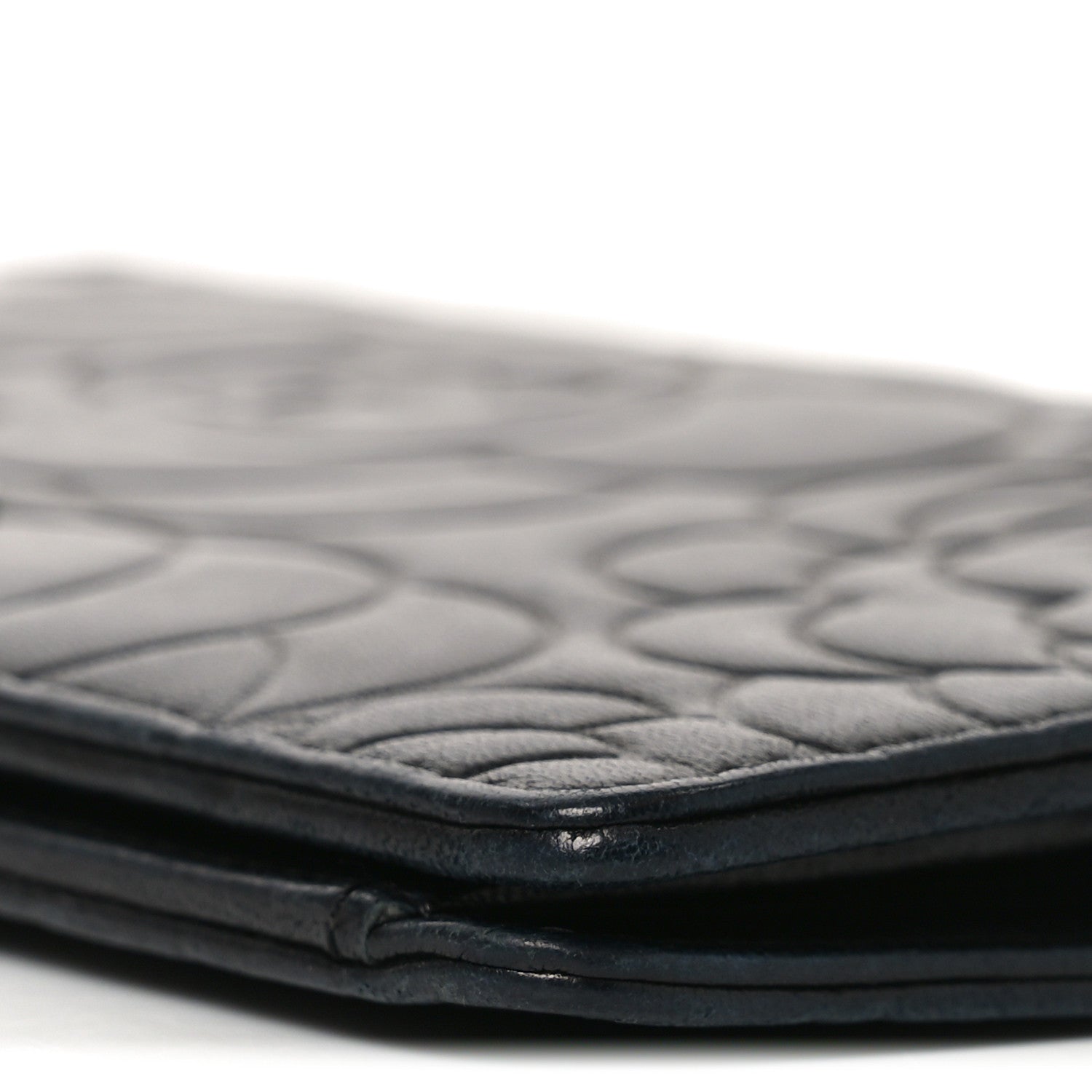 Lambskin Camellia Embossed Yen Wallet Black