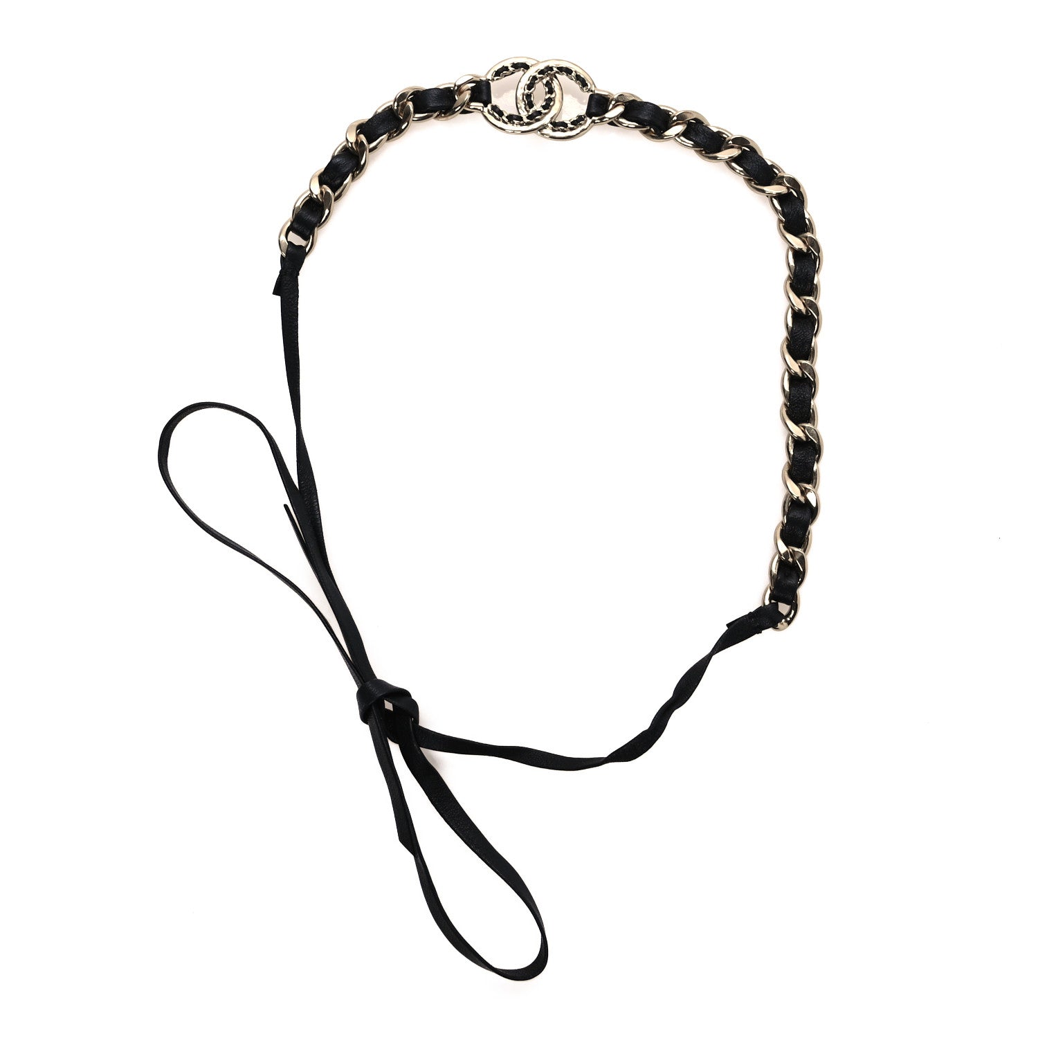 Metal Lambskin Crystal CC Chain Tie Headband Gold Black