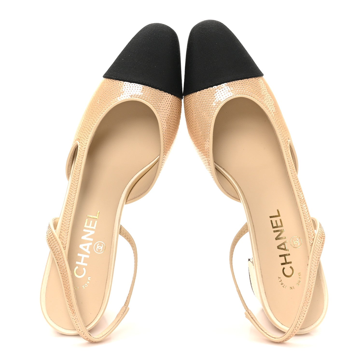 Chanel Sequin Grosgrain Cap Toe CC Slingback Pumps 40 Beige Black