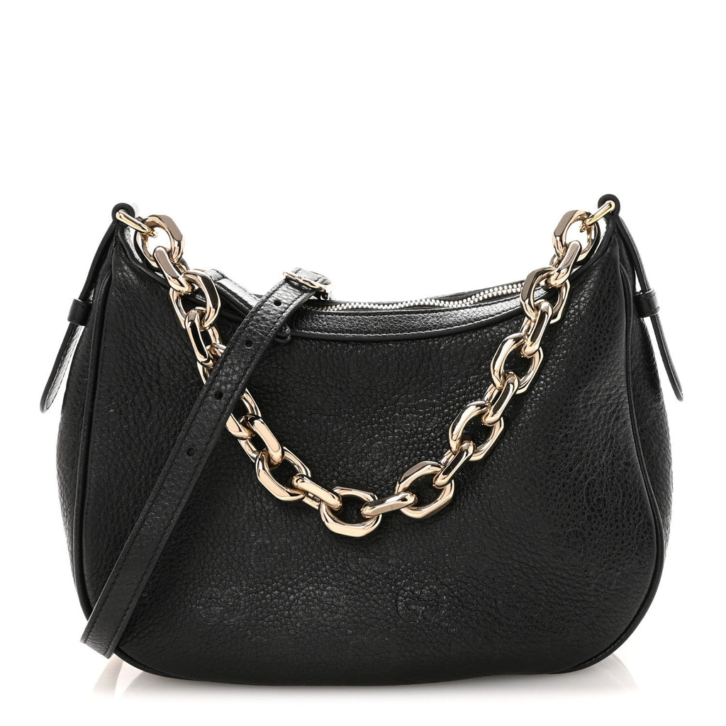 Gucci GG Grainy Calfskin Emblem Small Half Moon Shoulder Bag Black